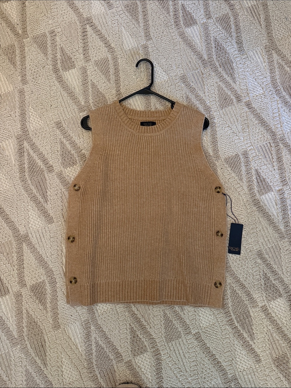 Rachel Zoe Camel Ribbed Crewneck Sleeveless Sweater Vest with Side Buttons